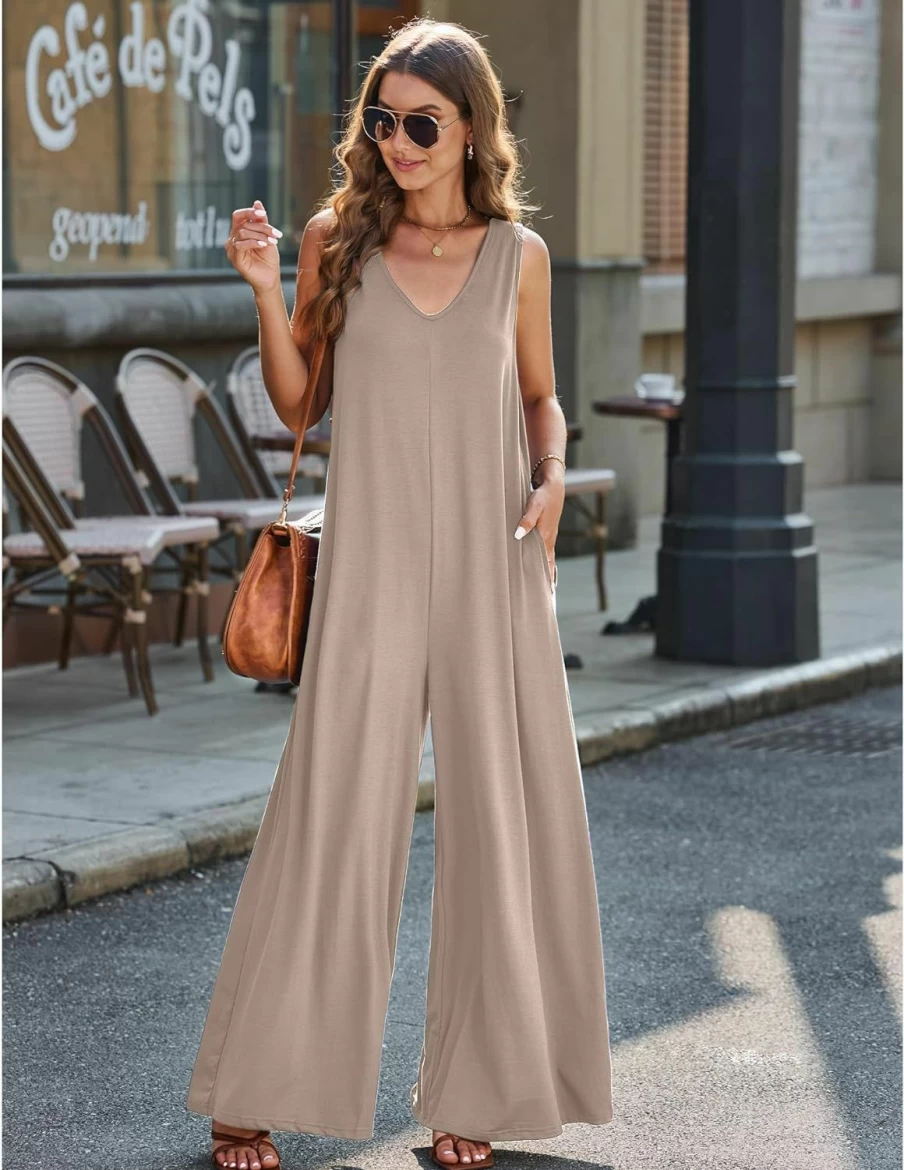 Luvamia Women's Casual Sleeveless Wide Leg Jumpsuit with Pockets - Loose Baggy Overalls & Lounge Onesie Romper