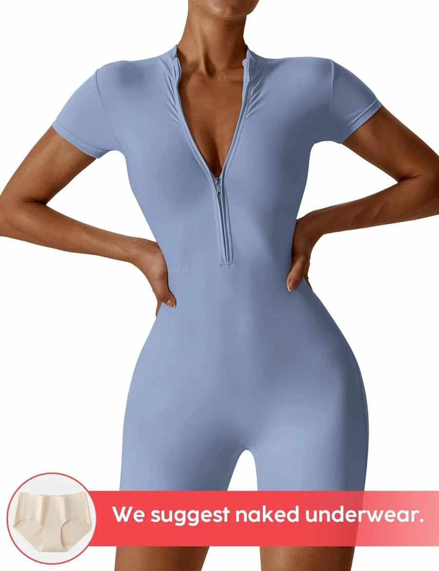 YEOREO Women's Zip-Up Long Sleeve Jumpsuit - Sexy Bodycon Workout Romper with Pants for Fitness & Casual Wear
