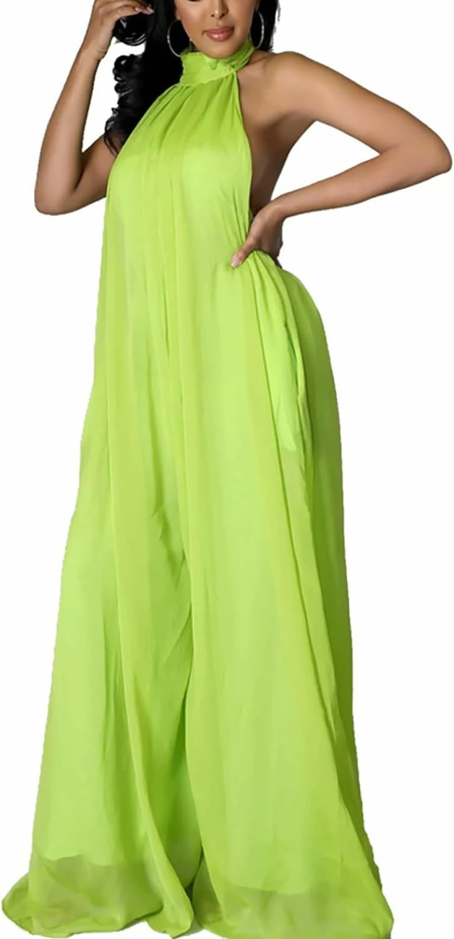 Ekaliy Women's Elegant Halter Neck Chiffon Jumpsuit - Sleeveless Wide Leg Romper for Summer Parties and Evening Outfits