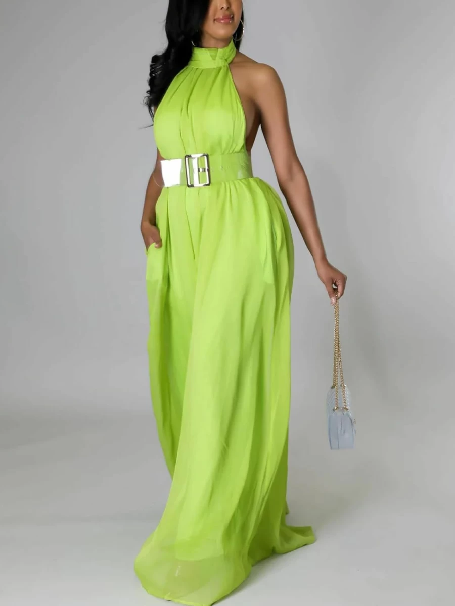 Ekaliy Women's Elegant Halter Neck Chiffon Jumpsuit - Sleeveless Wide Leg Romper for Summer Parties and Evening Outfits