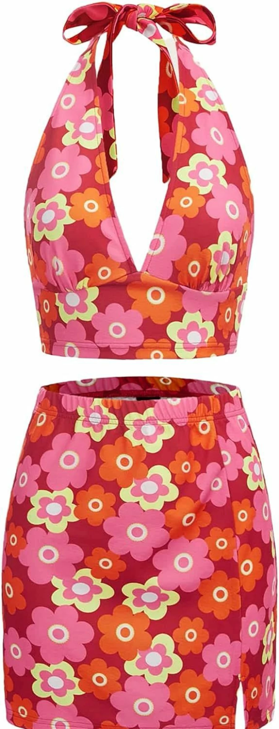 Verdusa Women's Floral Print 2-Piece Set - Crop Halter Top & High-Slit Bodycon Skirt Summer Outfit