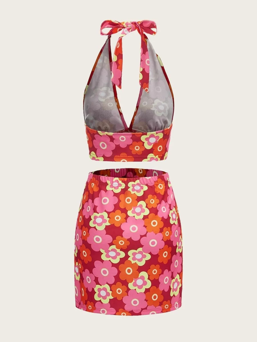 Verdusa Women's Floral Print 2-Piece Set - Crop Halter Top & High-Slit Bodycon Skirt Summer Outfit