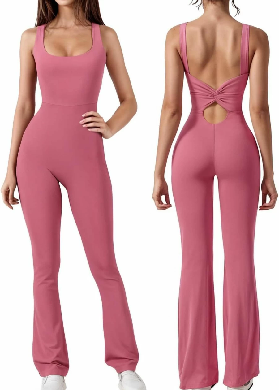 Tanou Women's Backless Strappy Jumpsuit - Square Neck Bodycon One Piece Stretch Flare Pantsuit