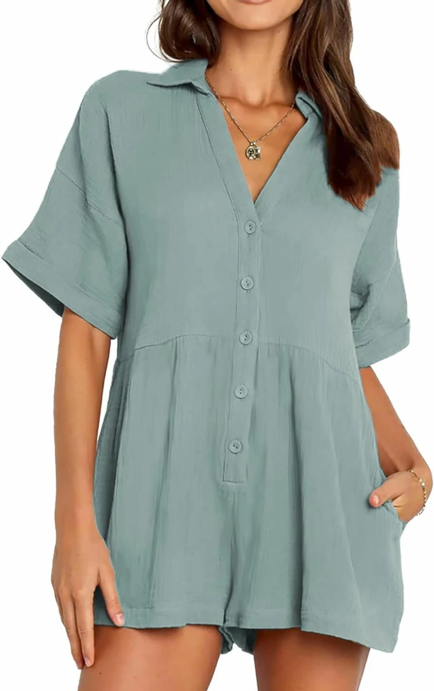 Deep Self Women's Summer Casual V-Neck Collared Jumpsuit with Short Sleeves and Pockets - Stylish Button-Down Romper for Women