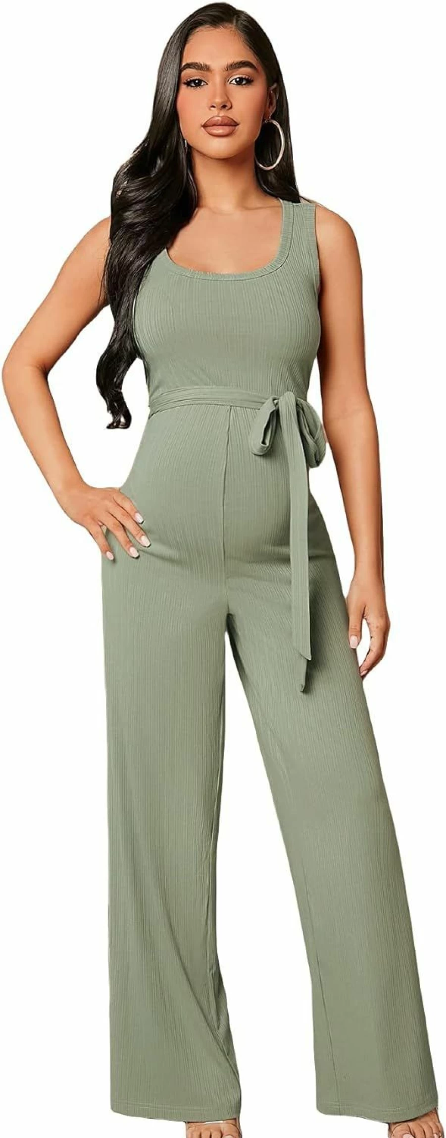 OYOANGLE Women's Maternity Jumpsuit - Ribbed Knit Scoop Neck Sleeveless Romper with Adjustable Belt