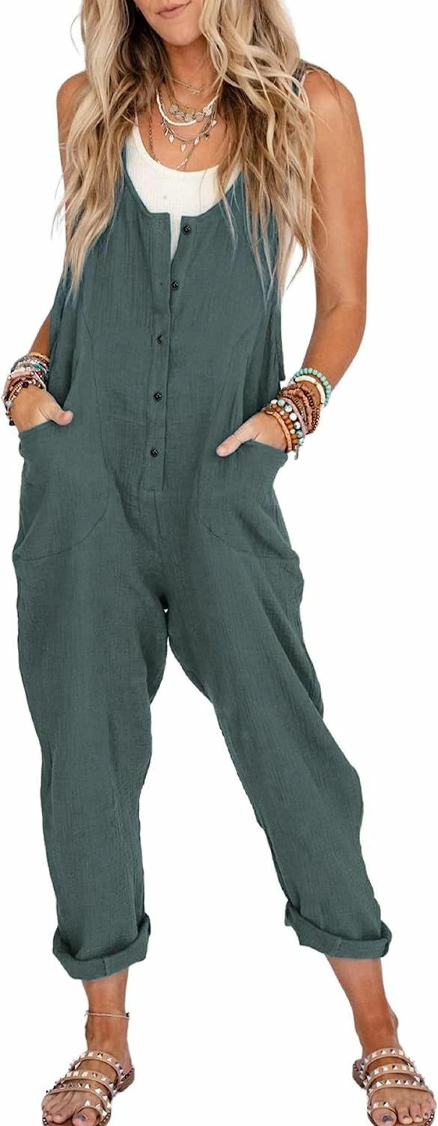 Himosyber Women's Cotton Linen Jumpsuit with Adjustable Straps - Button Front Long Pant Romper Casual Overalls