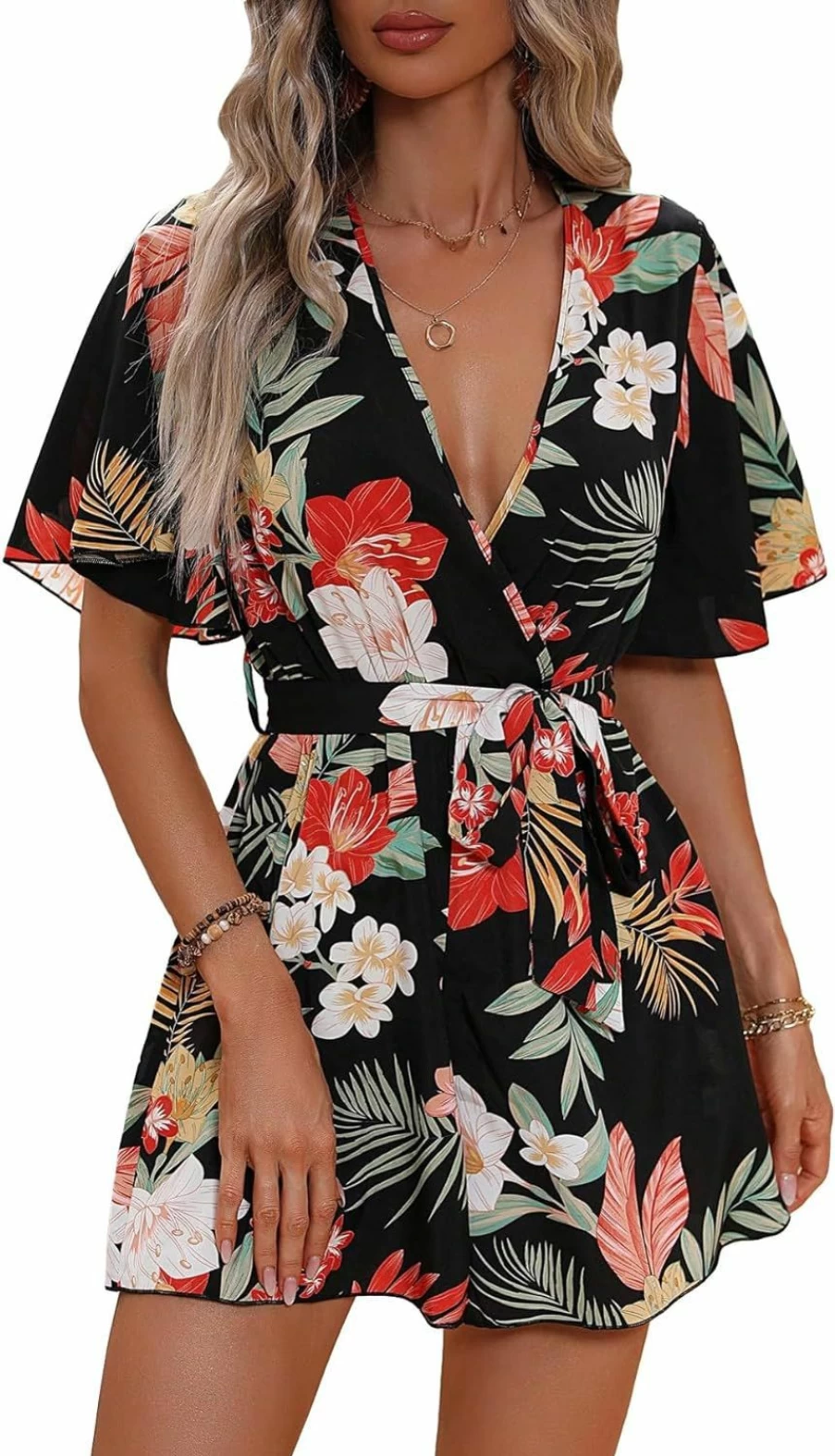 MakeMeChic Women's Boho Floral Print Short Sleeve Romper Jumpsuit with Surplice Neckline and Wide Leg Design