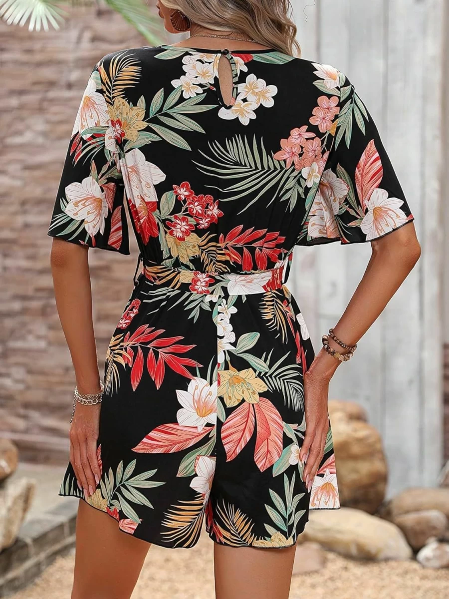 MakeMeChic Women's Boho Floral Print Short Sleeve Romper Jumpsuit with Surplice Neckline and Wide Leg Design
