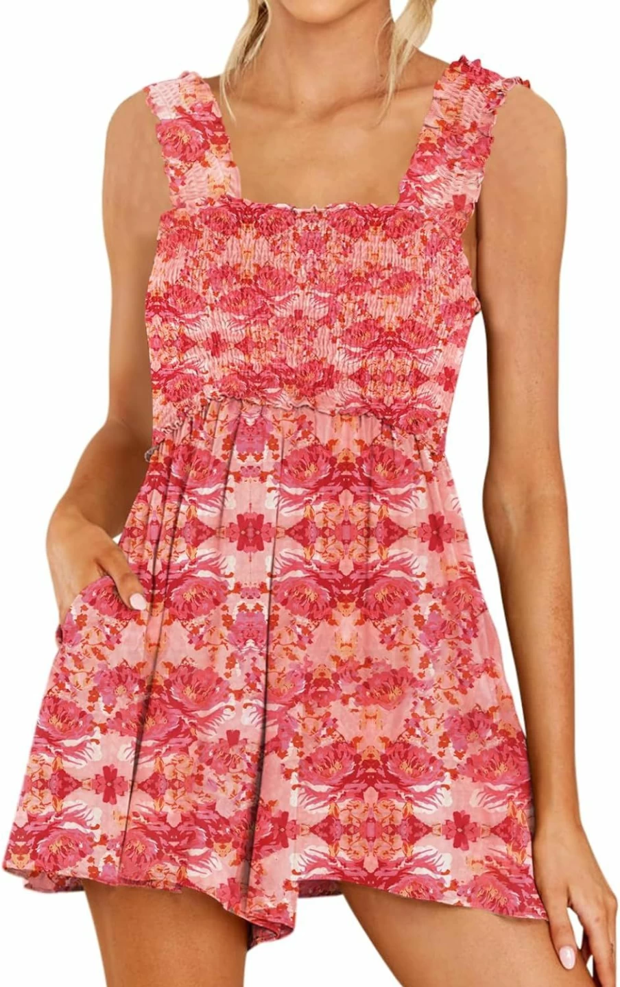 DEEP SELF Women's Summer Sleeveless Romper with Square Collar, Ruffle Straps, Flowy Short Jumpsuit and Pockets
