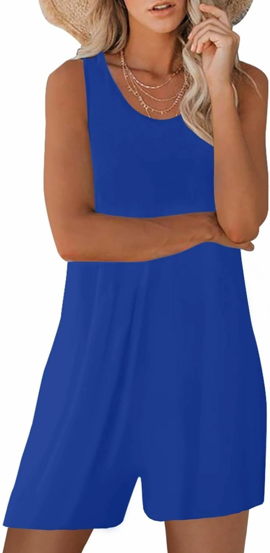Nfsion Women's Summer Sleeveless Romper Jumpsuit with Pockets - Casual Wide Leg Loose Shorts Tank Crewneck Outfit