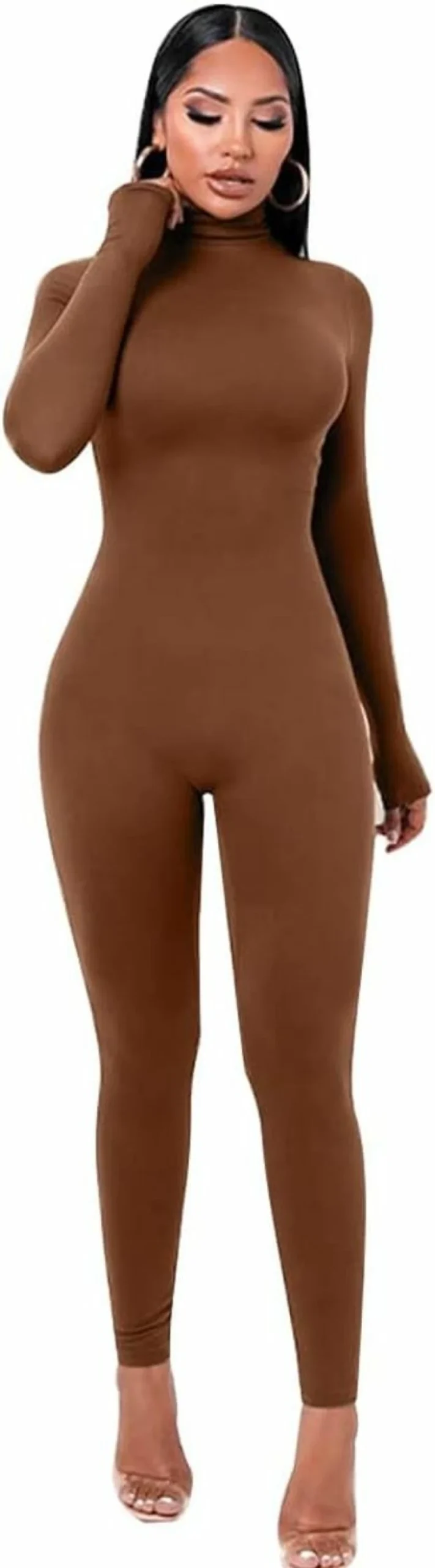 YHTIMIOX Women's Sexy High Neck Long Sleeve Bodysuit Jumpsuit - Stretchy Zipper Romper One Piece Outfit for Women