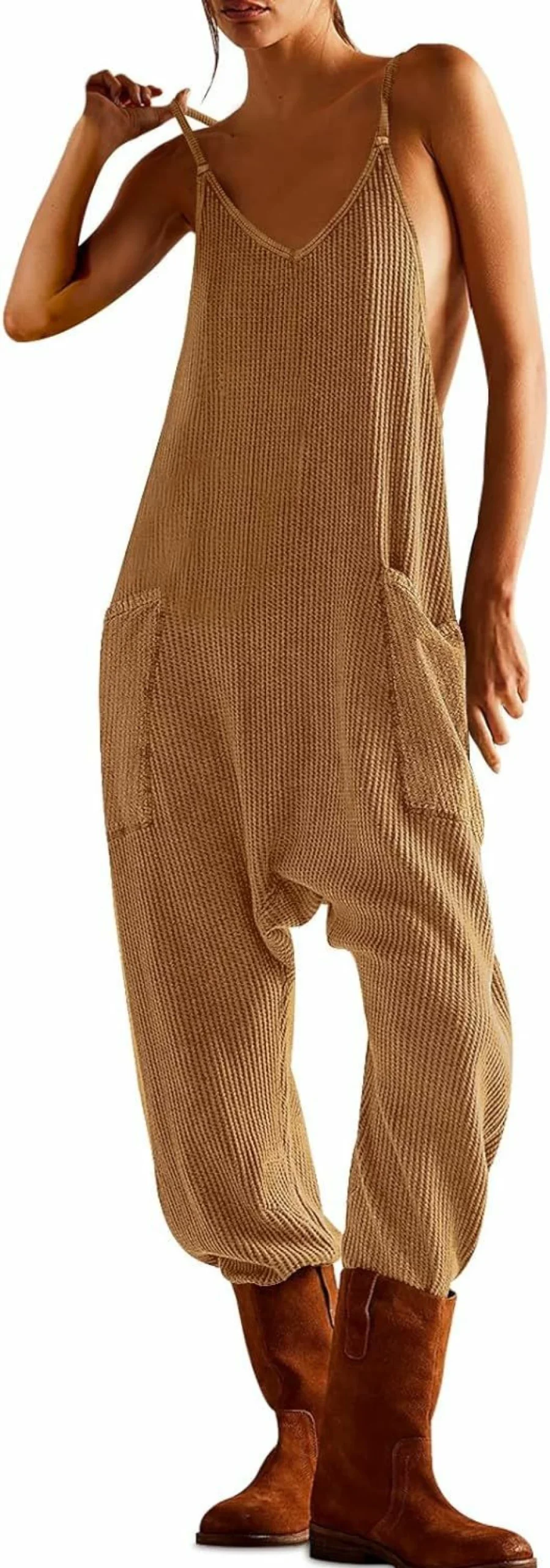 "Morhuduck Women's Casual V-Neck Sleeveless Jumpsuit - Loose Waffle Knit Romper with Spaghetti Strap One Piece Overalls"