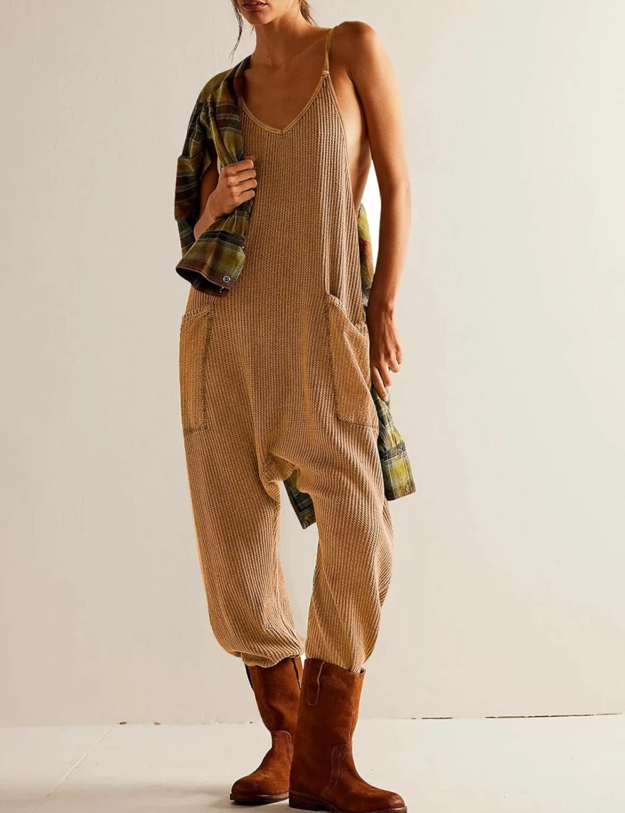 "Morhuduck Women's Casual V-Neck Sleeveless Jumpsuit - Loose Waffle Knit Romper with Spaghetti Strap One Piece Overalls"