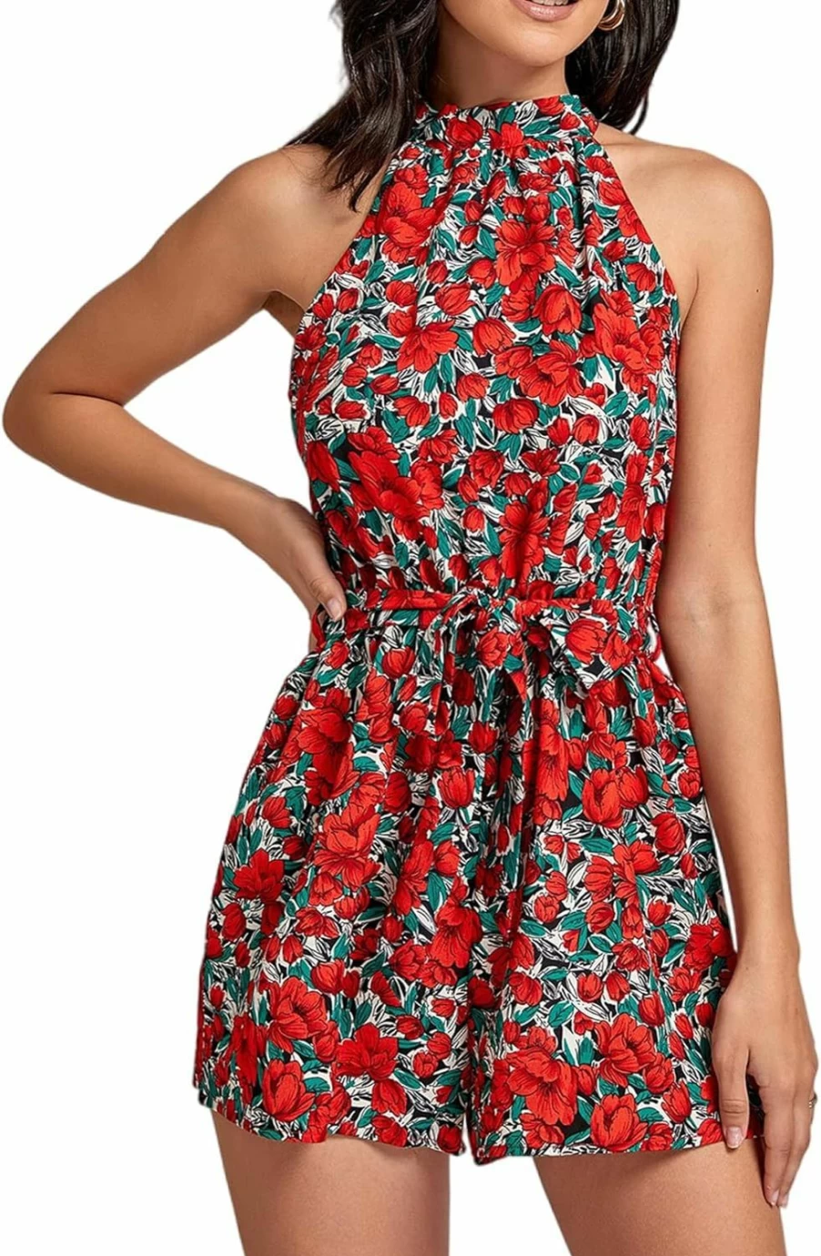LYANER Women's Floral Print Halter Neck Sleeveless Romper Jumpsuit with Tie Back Belt