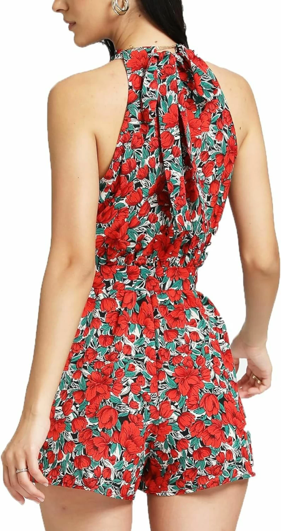 LYANER Women's Floral Print Halter Neck Sleeveless Romper Jumpsuit with Tie Back Belt
