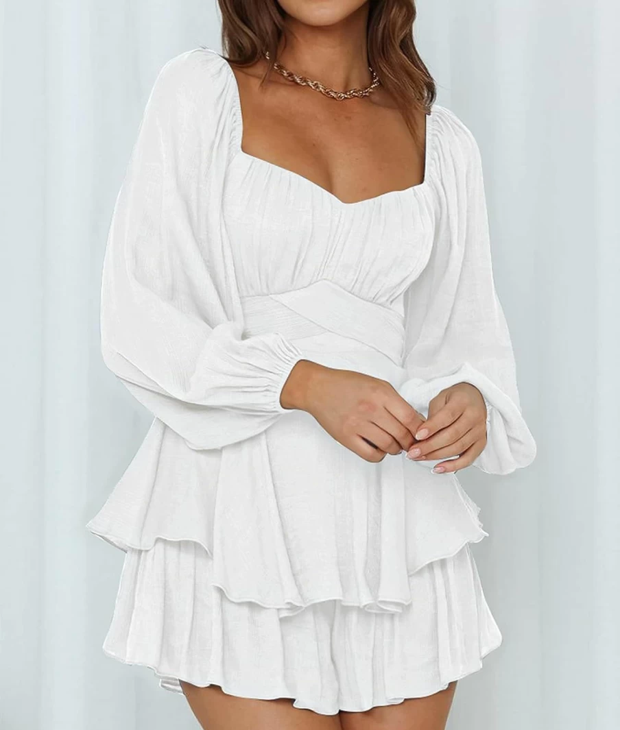 "Ahtyeo Women's Off-Shoulder Romper Jumpsuit - Ruffled Hem, Tie Waist, Long Puff Sleeves, Casual Summer Mini Dress"