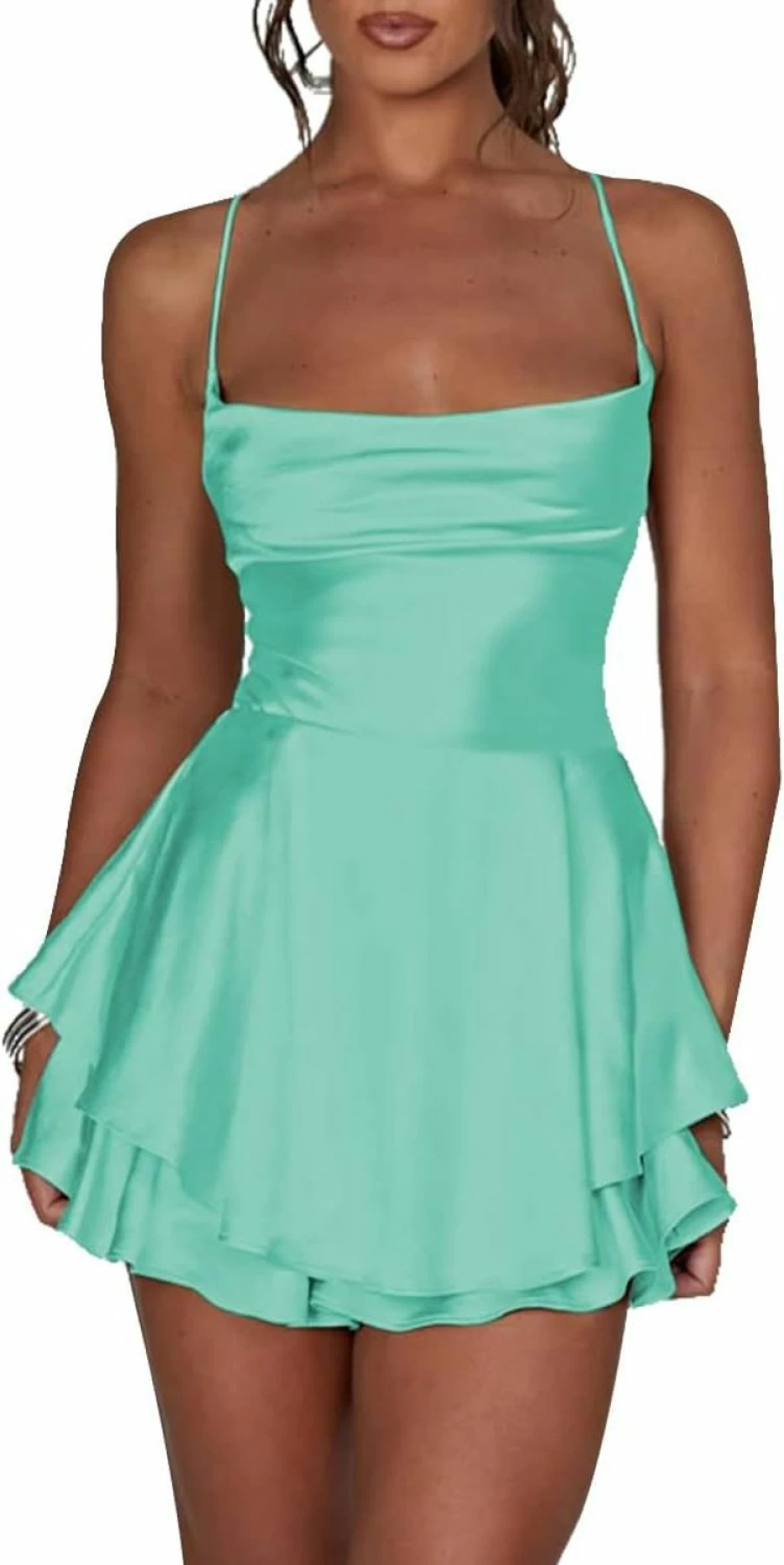 LuFeng Women's Sleeveless Satin Jumpsuit Dress - Elegant A-Line Mini Romper with Spaghetti Straps and Bandage Back Design for Summer
