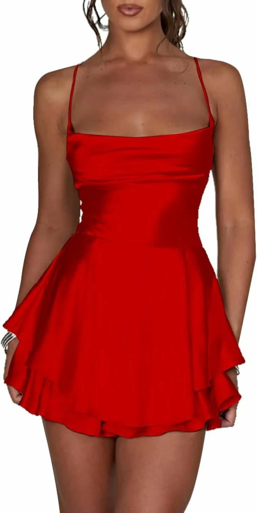 LuFeng Women's Sleeveless Satin Jumpsuit Dress - Elegant A-Line Mini Romper with Spaghetti Straps and Bandage Back Design for Summer