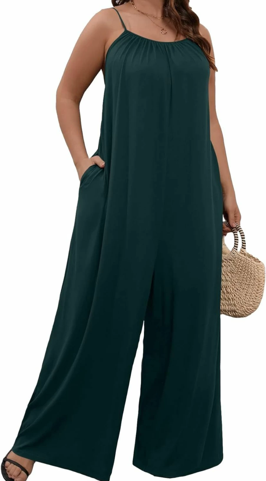 WDIRARA Plus Size Women's Loose Fit Wide Leg Long Romper Jumpsuit with Spaghetti Straps and Pockets