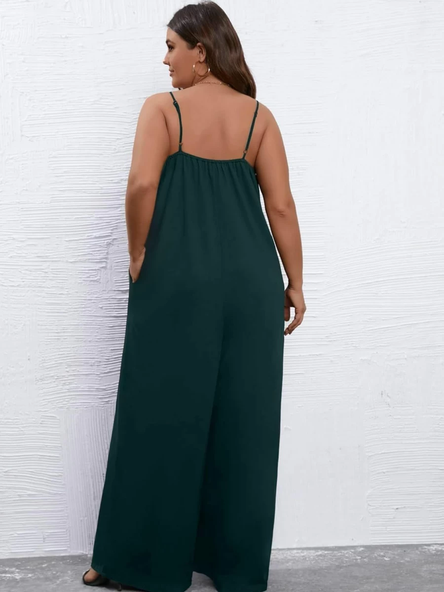 WDIRARA Plus Size Women's Loose Fit Wide Leg Long Romper Jumpsuit with Spaghetti Straps and Pockets