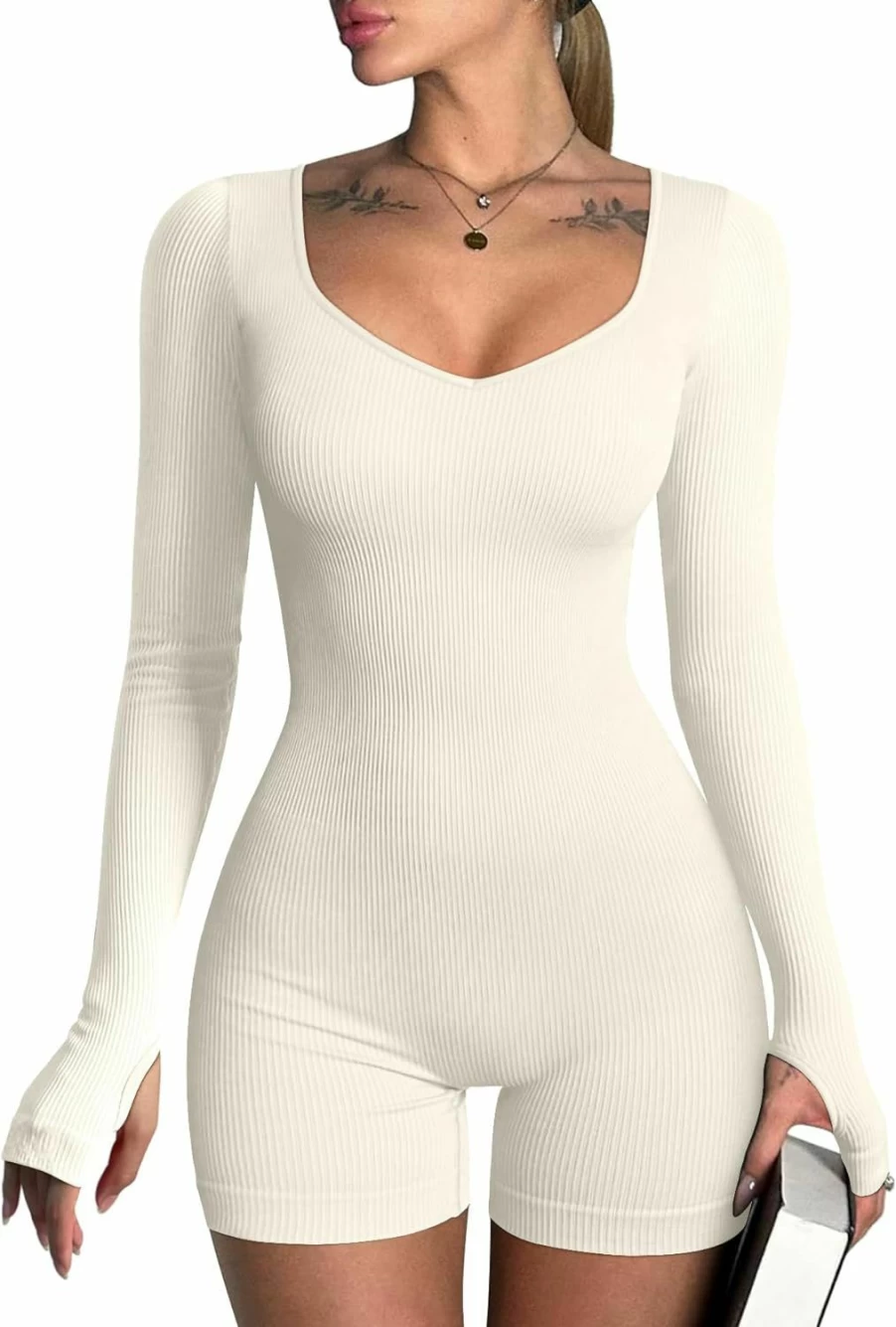 OQQ Women's Ribbed Yoga Jumpsuit - Long Sleeve Sweetheart V-Neck Workout Romper for Sports & Fitness