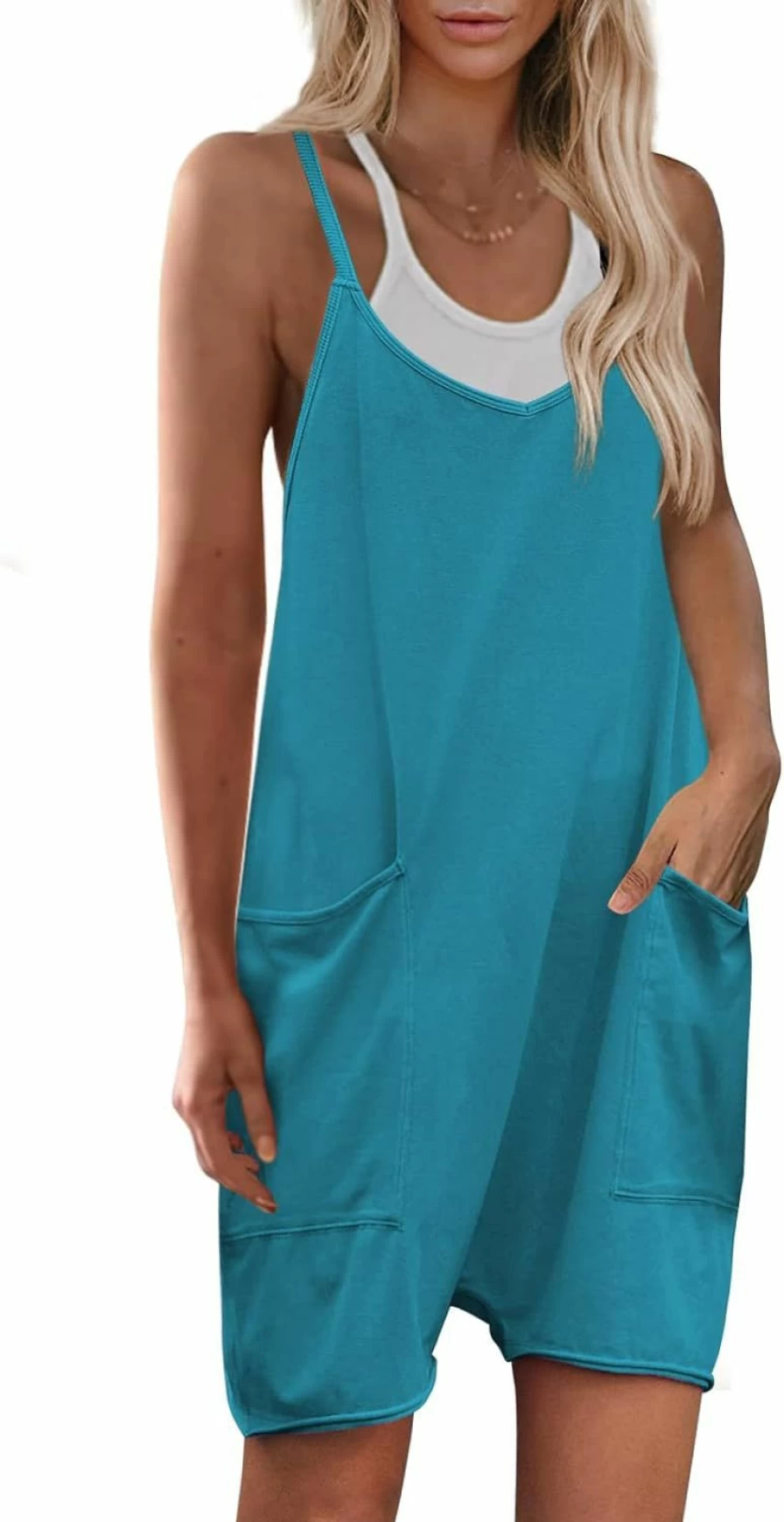 Yanekop Women's Sleeveless Romper Jumpsuit - V Neck Spaghetti Strap Loose Overalls Harem Shorts Casual Summer Outfit