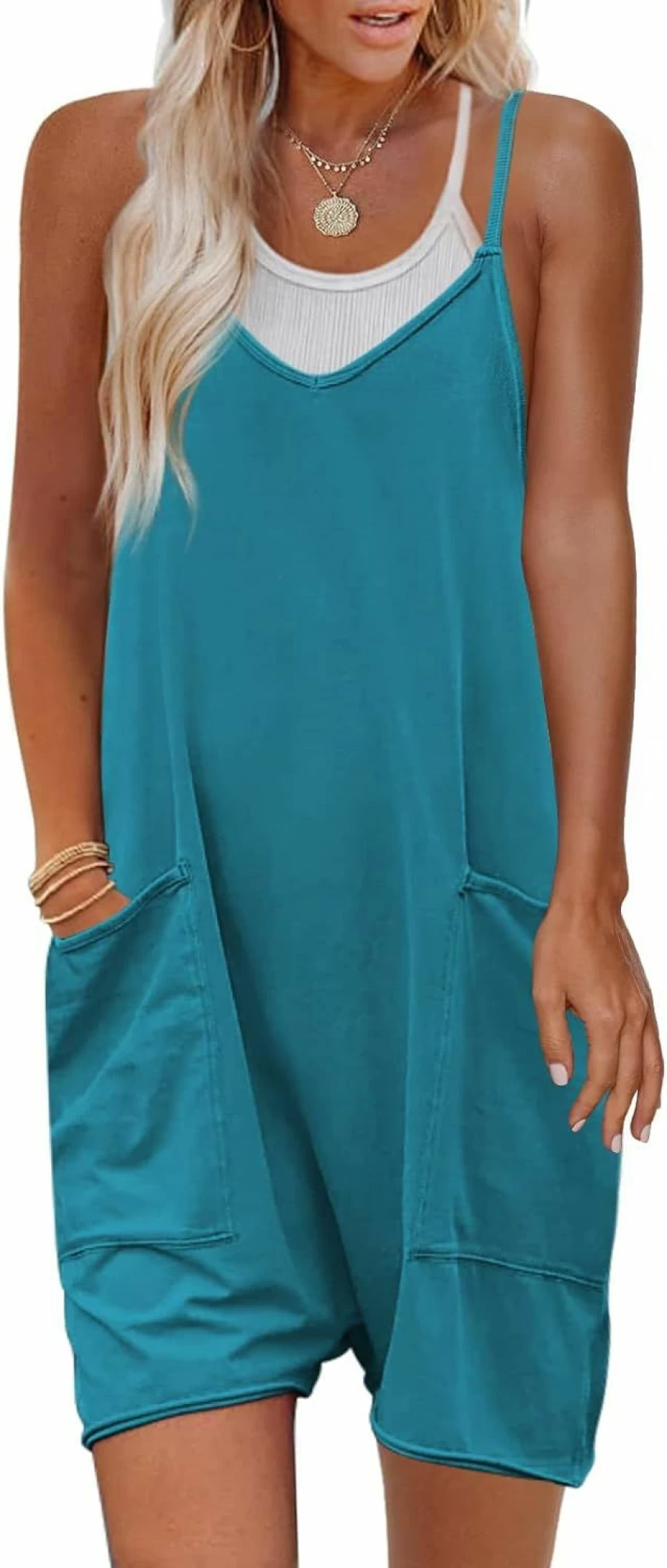 Yanekop Women's Sleeveless Romper Jumpsuit - V Neck Spaghetti Strap Loose Overalls Harem Shorts Casual Summer Outfit