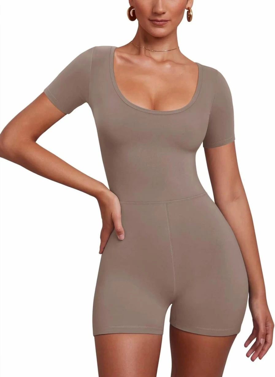 REORIA Women's Casual Jumpsuit - Sexy Scoop Neck Romper for Workout & Yoga | Short Sleeve Bodycon Shorts One Piece