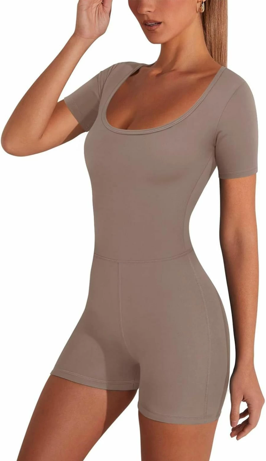 REORIA Women's Casual Jumpsuit - Sexy Scoop Neck Romper for Workout & Yoga | Short Sleeve Bodycon Shorts One Piece