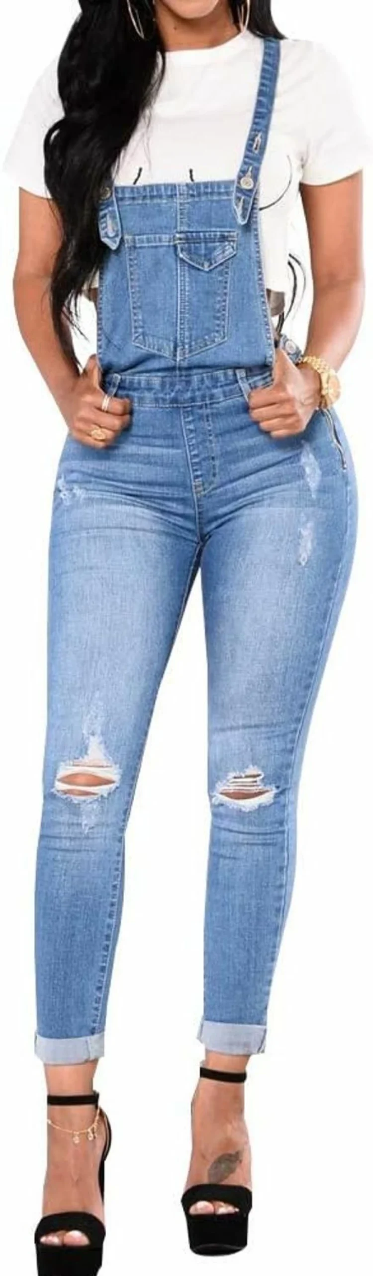 LONGBIDA Women's Distressed Denim Overalls - Skinny Fit Ripped Jumpsuit for Fashion