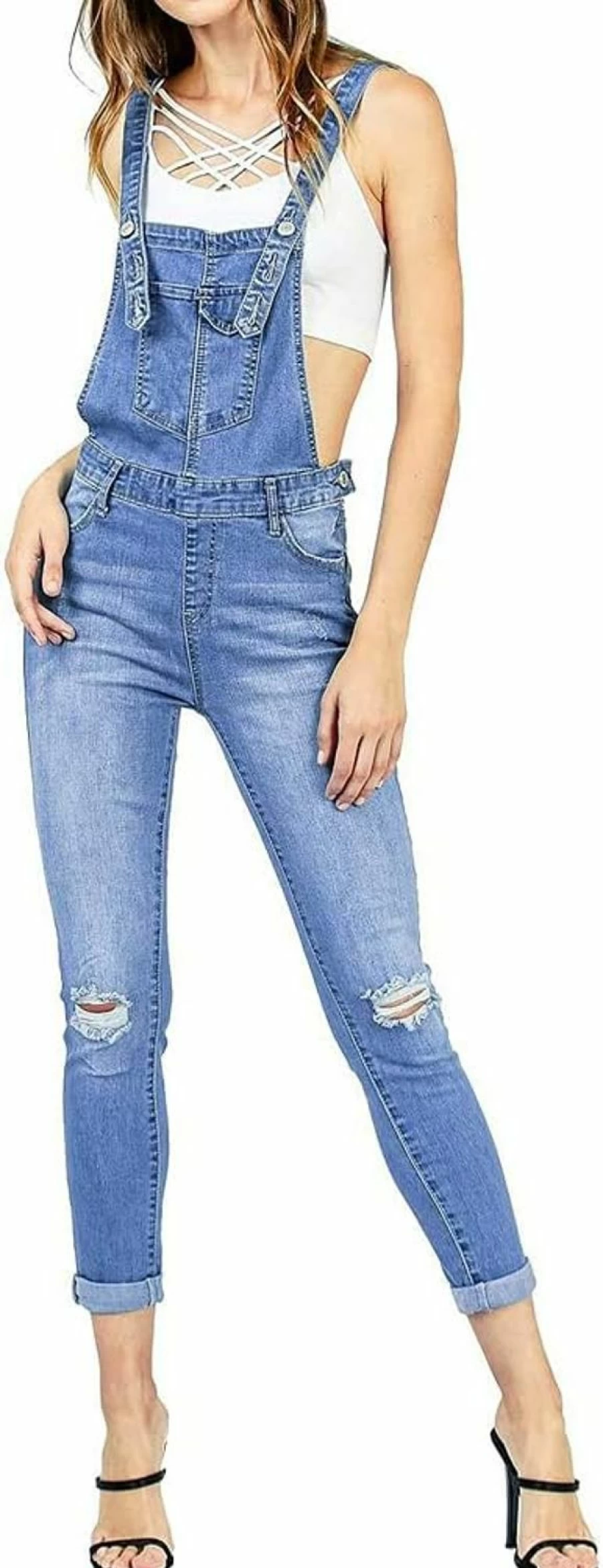 LONGBIDA Women's Distressed Denim Overalls - Skinny Fit Ripped Jumpsuit for Fashion