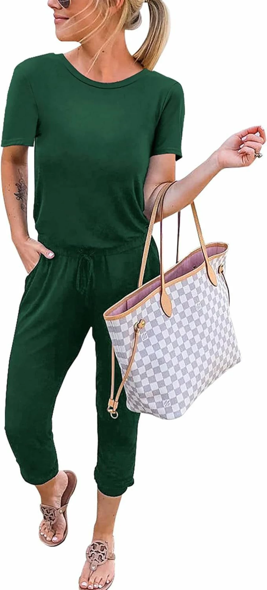 KIRUNDO Women's Summer Jumpsuit - Short Sleeve Romper with Elastic Waist, Drawstring & Pockets | Casual Comfort Outfit 2024