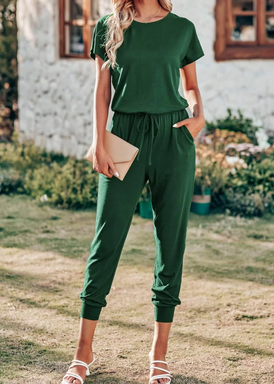 KIRUNDO Women's Summer Jumpsuit - Short Sleeve Romper with Elastic Waist, Drawstring & Pockets | Casual Comfort Outfit 2024