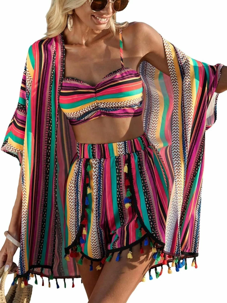 Verdusa Women's Boho 3-Piece Outfit: Floral Short Sleeve Kimono, Cami Top & Tropical Shorts Set with Tassel Trim