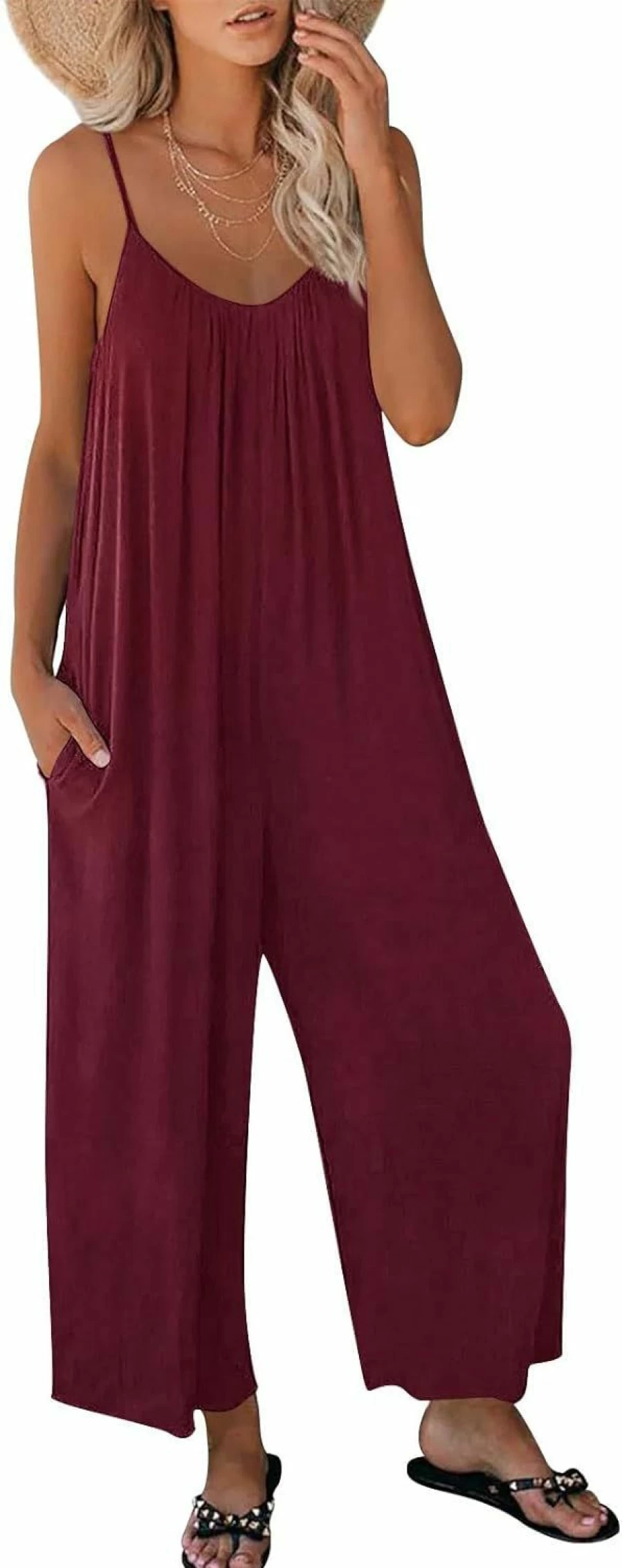 AUTOMET Women's Sleeveless Jumpsuit with Adjustable Spaghetti Straps, Loose Wide Leg Romper with Pockets, Stretchy Casual Summer Outfit