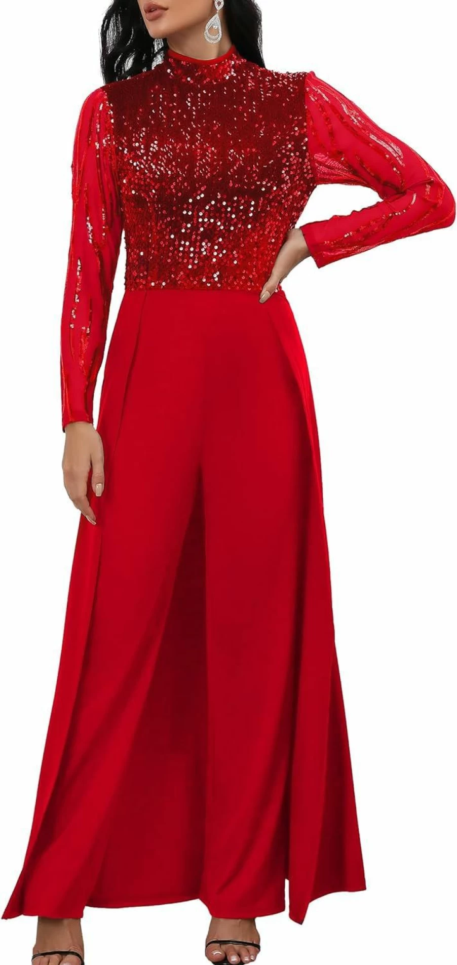 IWFEV Women's High-Waist Sequined Patchwork Jumpsuit - Elegant Full-Length Romper with Overlay Detail
