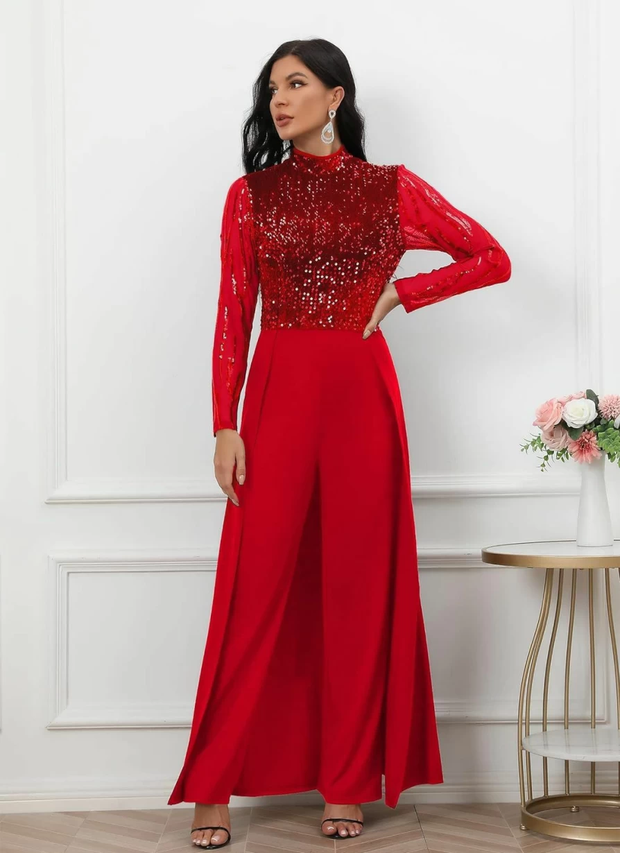 IWFEV Women's High-Waist Sequined Patchwork Jumpsuit - Elegant Full-Length Romper with Overlay Detail