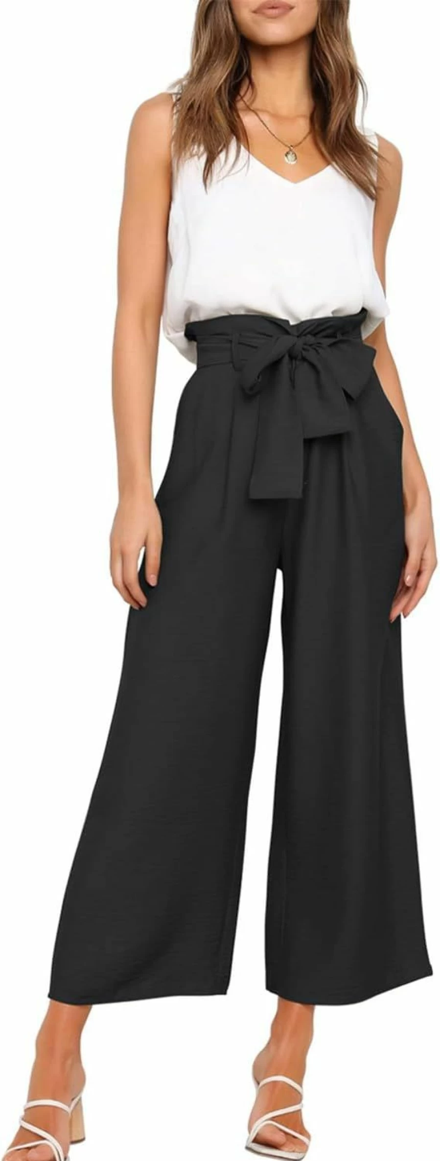 FANCYINN Women's Summer Outfit: V-Neck Tank Top & High Waisted Paper Bag Pants 2-Piece Set with Belt