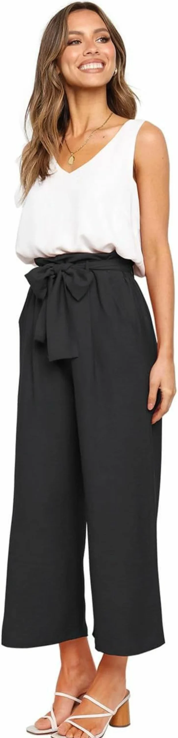 FANCYINN Women's Summer Outfit: V-Neck Tank Top & High Waisted Paper Bag Pants 2-Piece Set with Belt