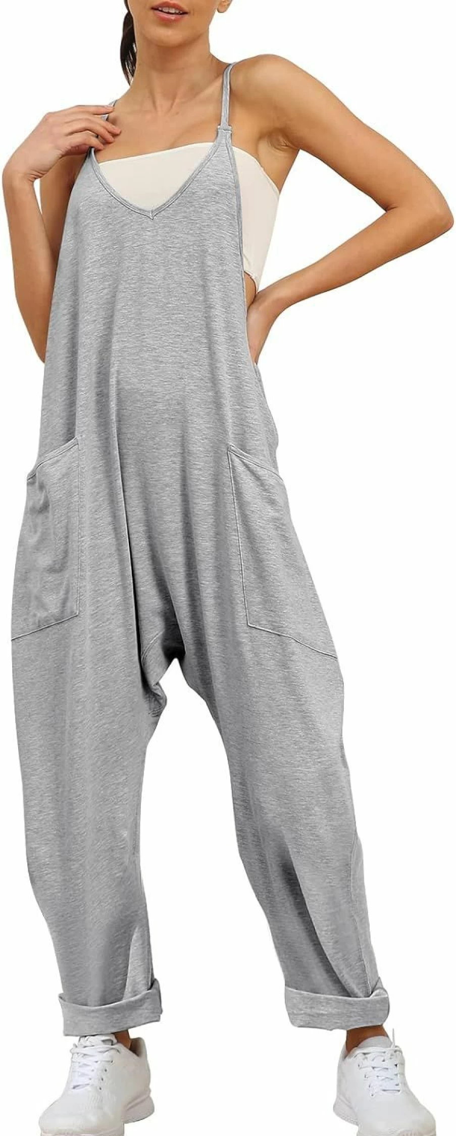 AUTOMET Women's Casual Summer Romper - Sleeveless Loose Fit Jumpsuit with Spaghetti Straps & Pockets | 2024 Fashion Trendy Overalls