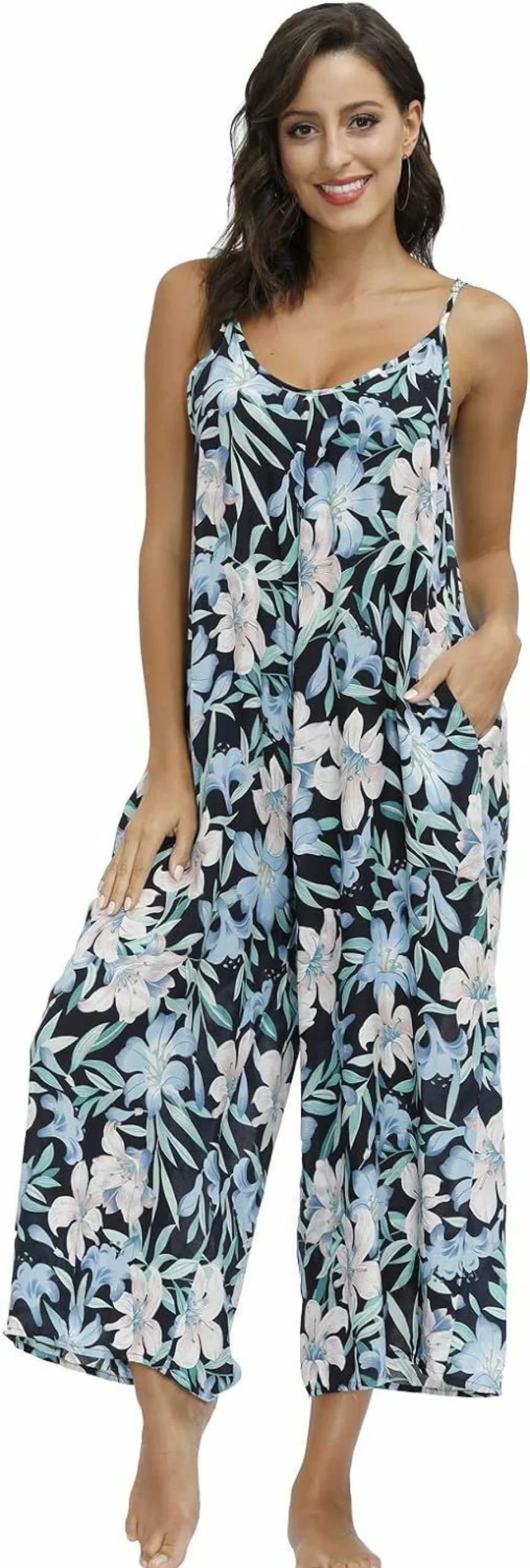 Wexcen Women's Floral Wide Leg Jumpsuit - Sleeveless Spaghetti Strap Romper with Pockets, Casual Loose Ethnic Summer Outfit