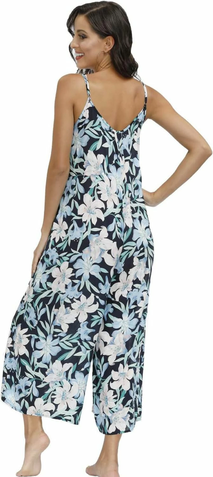 Wexcen Women's Floral Wide Leg Jumpsuit - Sleeveless Spaghetti Strap Romper with Pockets, Casual Loose Ethnic Summer Outfit