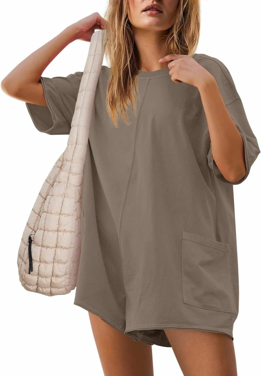 Yanekop Women's Oversized Jumpsuit - V Neck Half Sleeve Romper with Pockets, Casual Crewneck Overalls