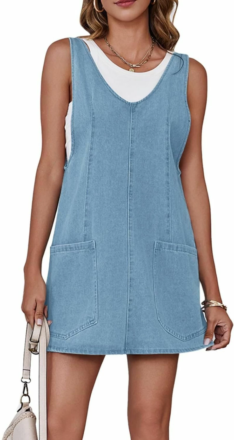 MAOECO Women's Denim Pinafore Jumper Dress - Sleeveless Loose Fit Overalls with Pockets, Casual Mini Skirt Romper for Fashion Outfits