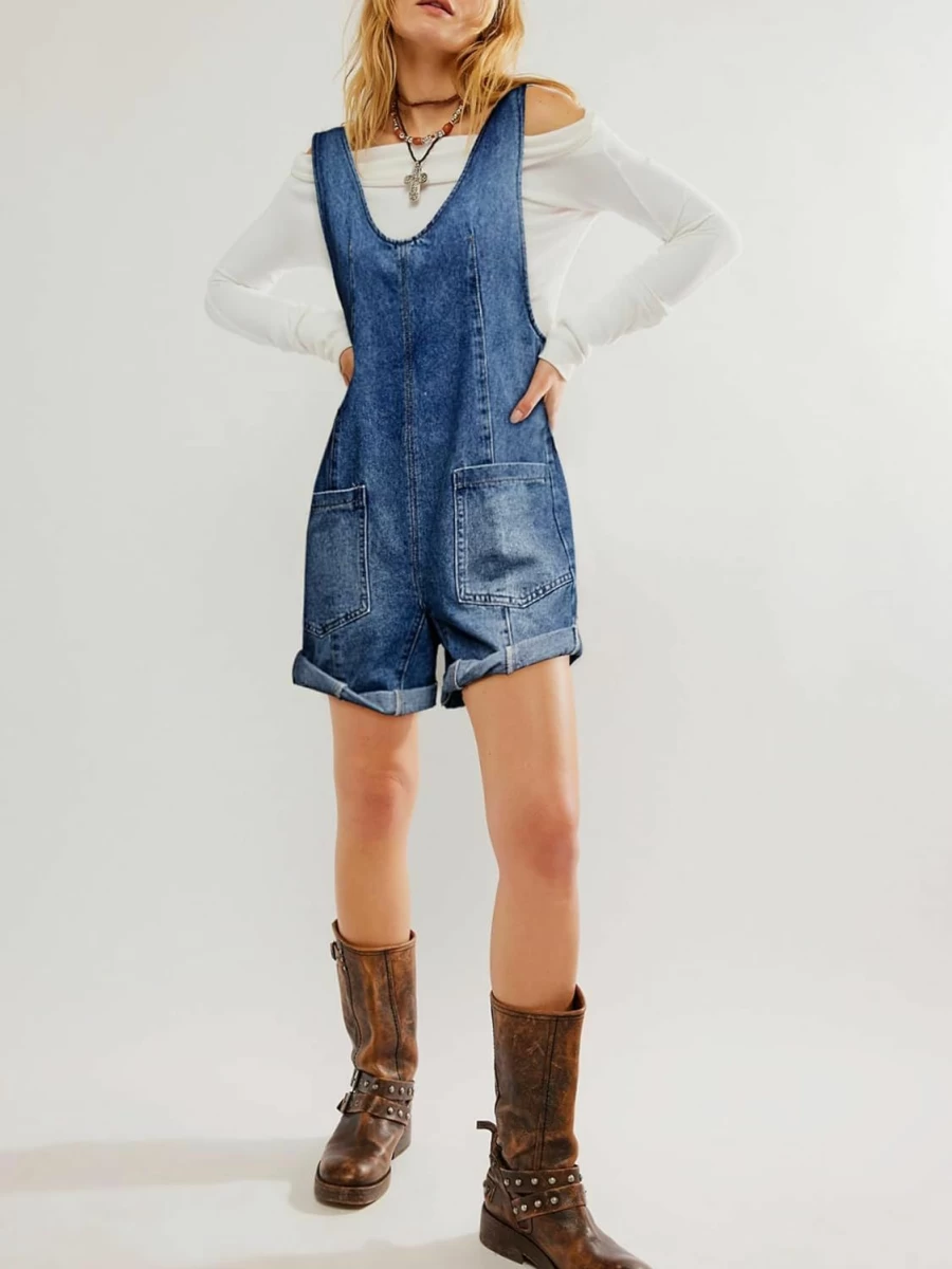 Glamaker Women's Denim Romper Shorts - Sleeveless V-Neck Summer Jumpsuit with Pockets Casual Overalls Outfit