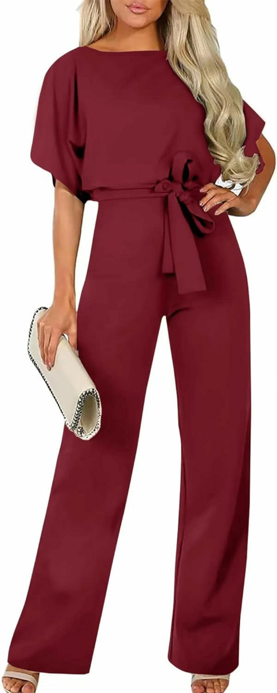 STOLKISS Women's Autumn Casual Jumpsuit Long Sleeve Crewneck Wide Leg Romper Belted Loose Fit Formal Dressy Jumpsuit