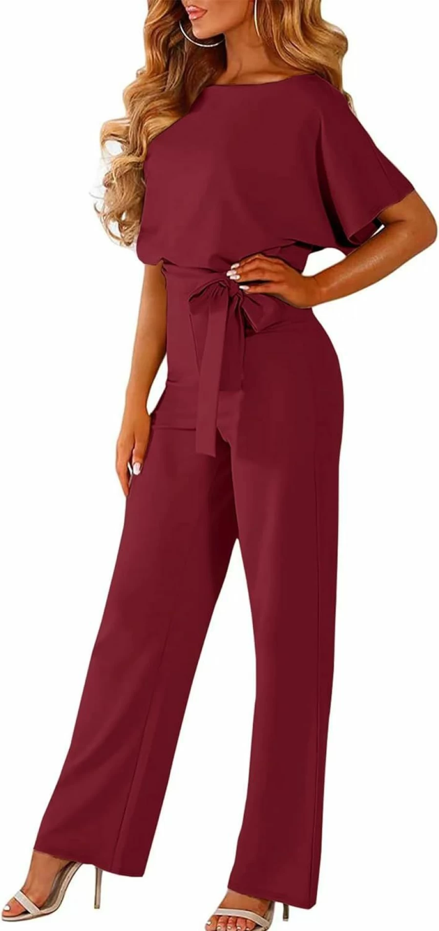 STOLKISS Women's Autumn Casual Jumpsuit Long Sleeve Crewneck Wide Leg Romper Belted Loose Fit Formal Dressy Jumpsuit