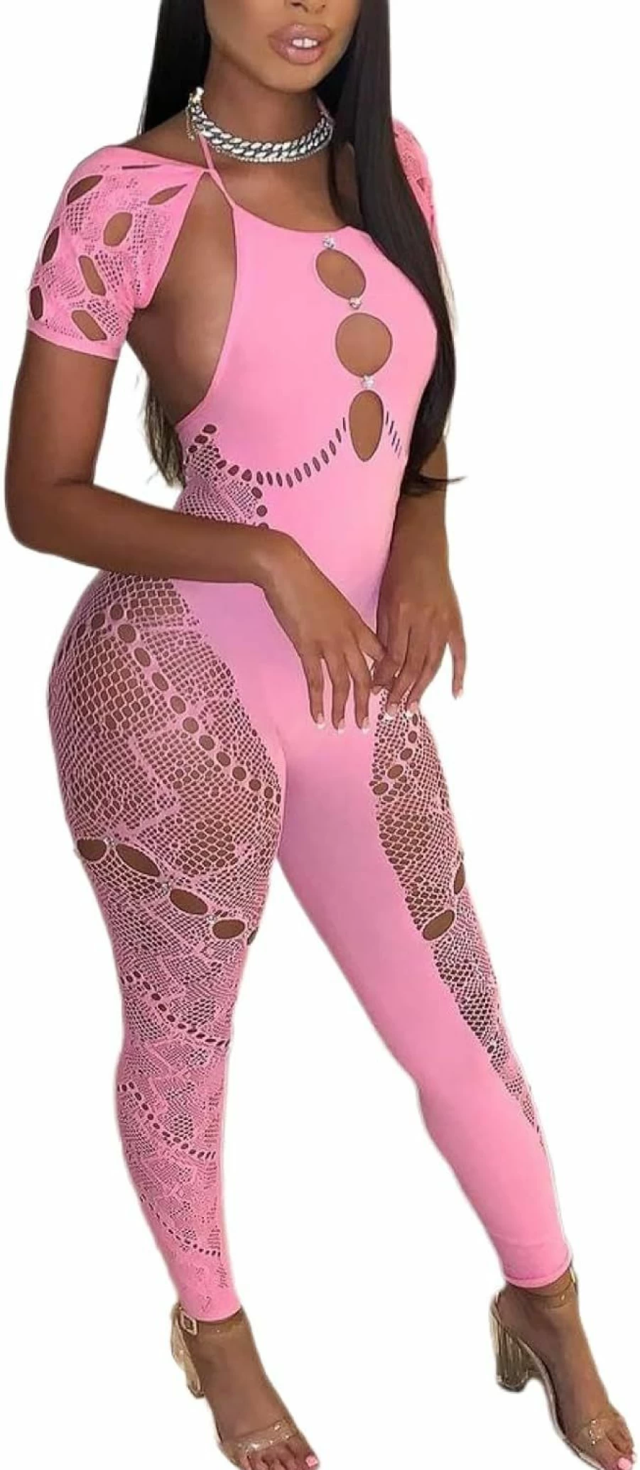 WEICHUJIAN Women's Sexy Mesh Romper Halter Neck Jumpsuit Rhinestone Lace Slim Fit Stretch High Waist Hollow Out Bodysuit