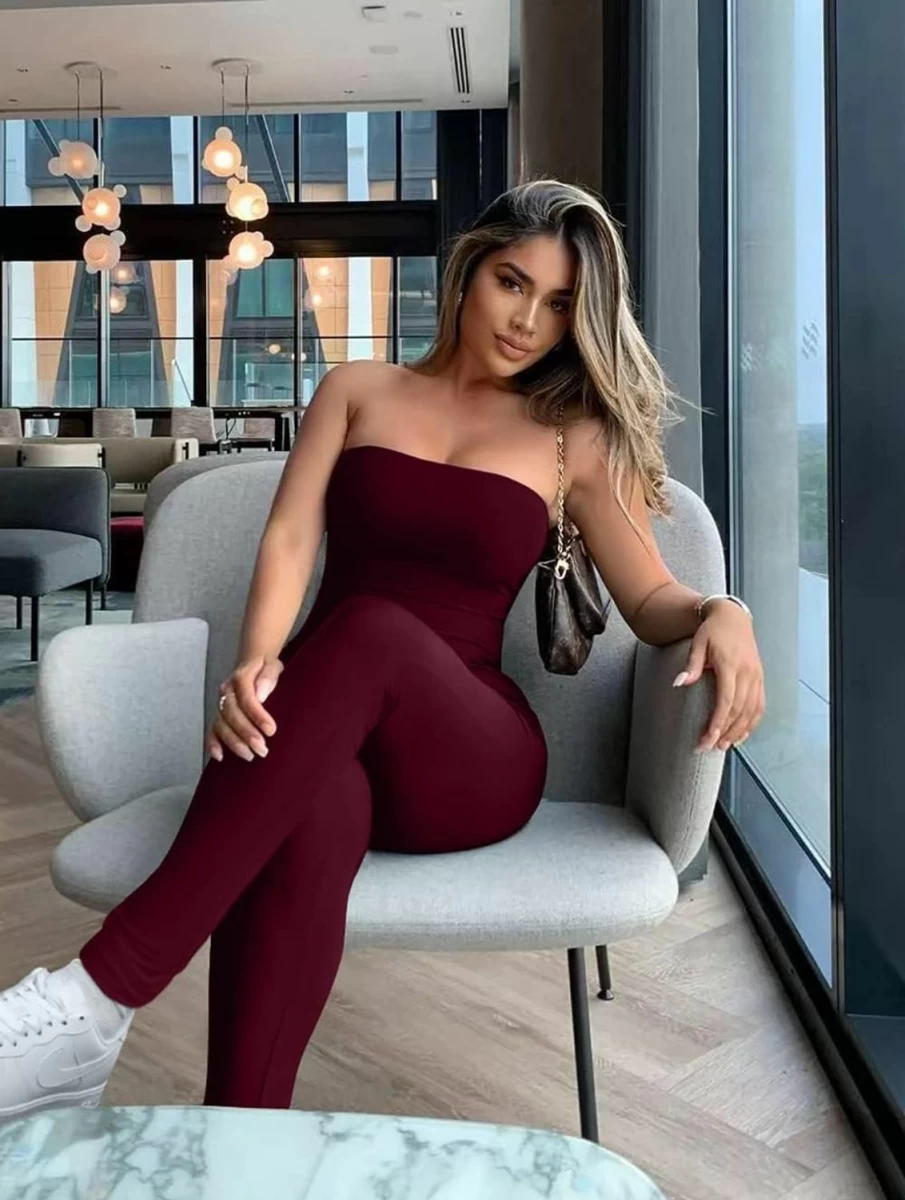 GOBLES Women's Off Shoulder Sleeveless Bodycon Jumpsuit Romper - Sexy Tube Dress Summer Outfit