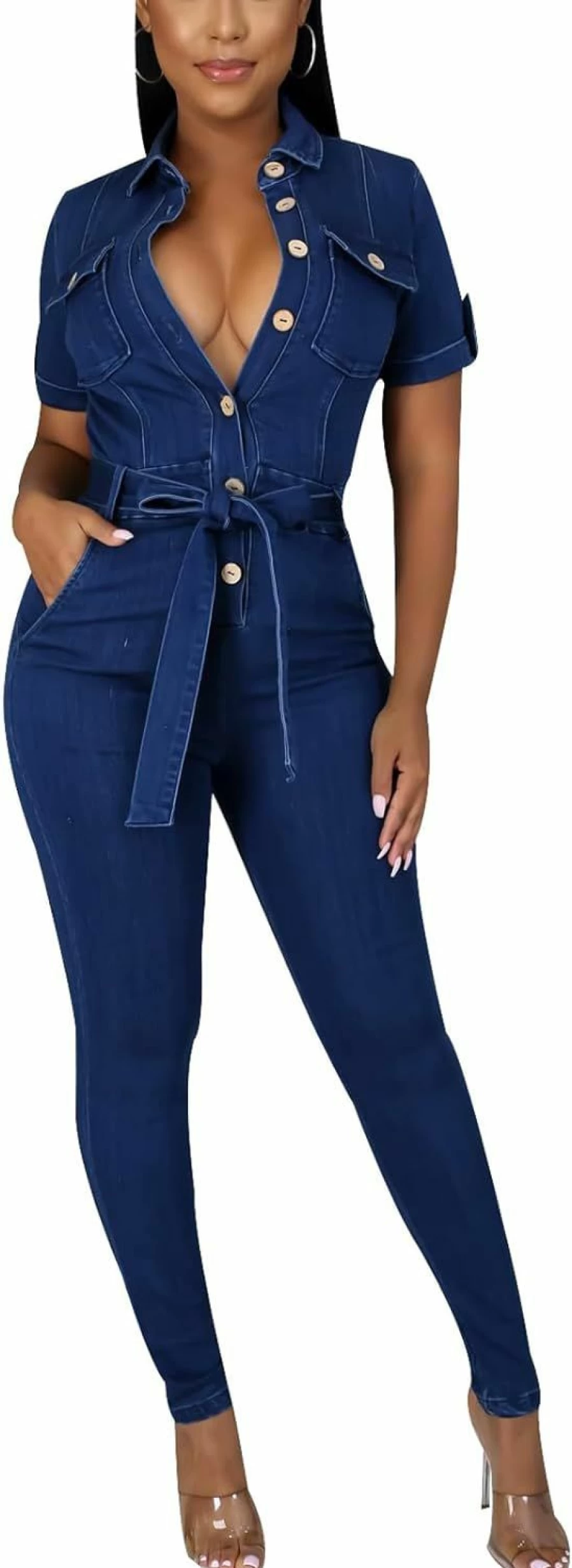BestGirl Women's Casual Zip-Up Denim Jumpsuit - Short Sleeve Jean Overalls Romper